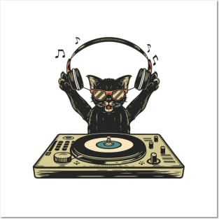 Black Cat DJ Crazy Vintage Funny Cat Posters and Art